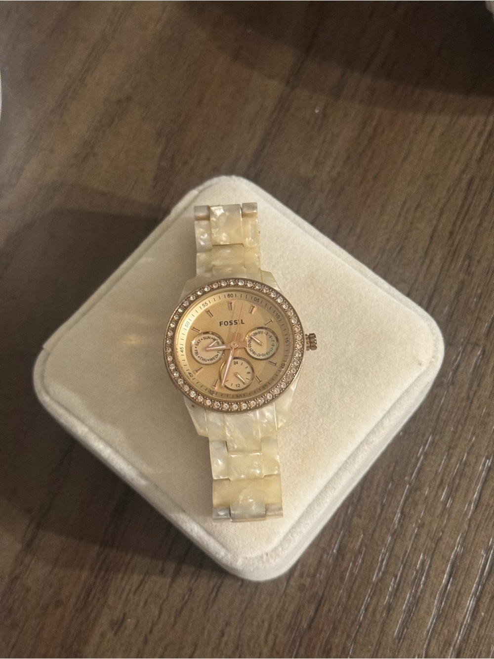 Fossil Pearlized Cream Bracelet Watch with Crystal Bezel